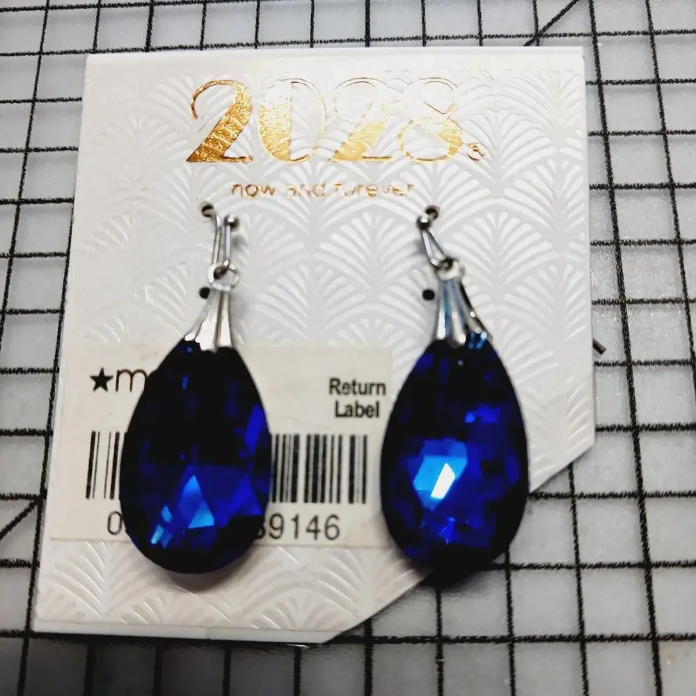 Earrings Pierced Dangle 2028 Blue Crystal Teardrop Silver Tone Prom NWT On Card